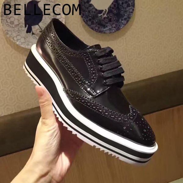 

bellecom 2019 genuine leather women's singles shoe england cloth locke carving platform shoes chalaza ma'am leather shoes, Black