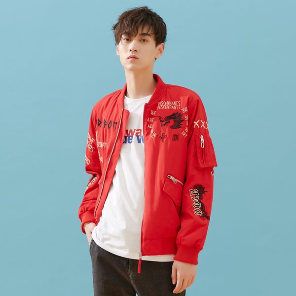 

metersbonwe 2019 new chinese dragon embroidery jacket fashion men baseball collar parka padded coats, Black