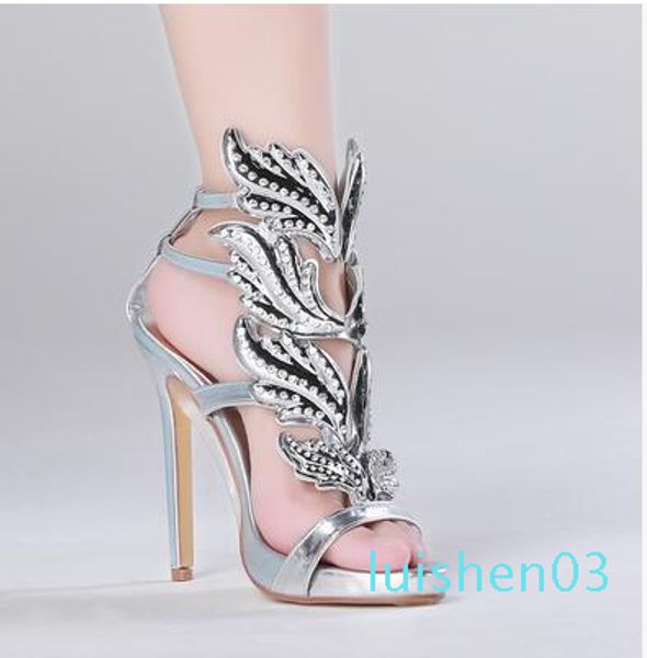

butterfly leaf woman heels summer gladiators genuine leather strappy gold wedding party dress shoes l03, Black