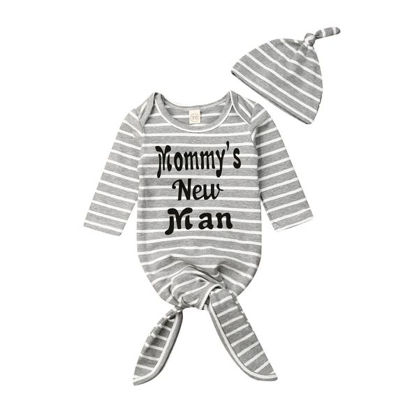 

0-6m newborn infant baby girls boys sleeping bag hats 2pcs striped letter print grey long sleeve blanket clothes