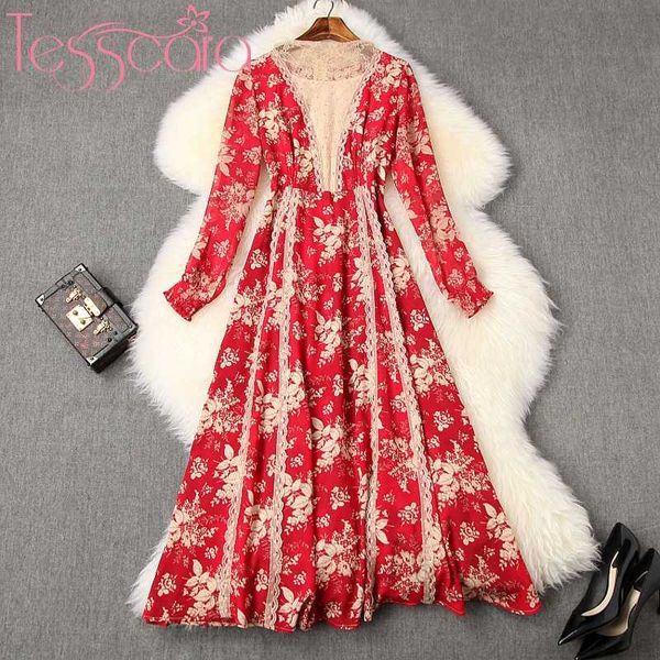 

casual dresses tesscara women runway designer luxury long chiffon dress festa vintage floral party robe elegant cocktail vestid, Black;gray