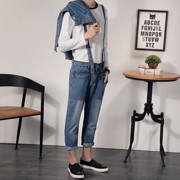 

men's overalls, spring and autumn trendy men's denim suits, retro onesies, denim jacket suits, can be removed, Blue
