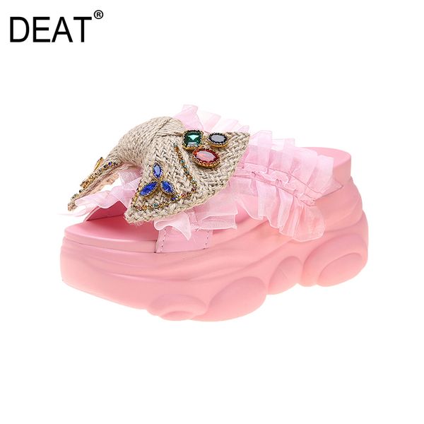 

deat] 2020 new spring summer round toe shallow bowknot mesh color crystal platform slippers women shoes fashion tide 10h375, Black