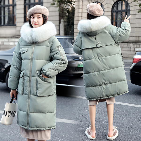 

winter female new medium long cotton clothes fashion slim big collar hooded down jacket lady thick pure color warm leisure coats, Black