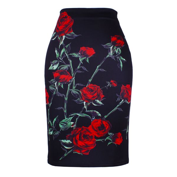 

fashion flower red roses print women pencil skirts lady midi saias female faldas girls black bottoms s-4xl skirt wholesale