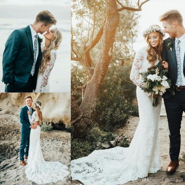 

vintage 2019 full lace wedding dresses long sleeves boho bridal dresses plus size court train garden beach wedding gowns for brides, White