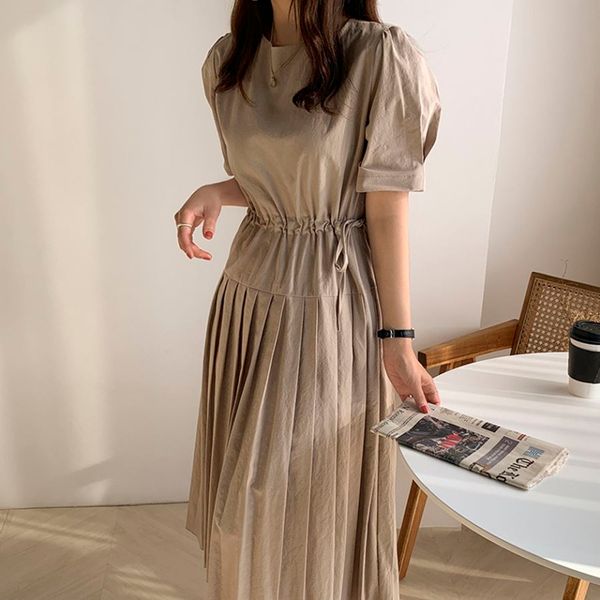 

cbafu solid lace up pleated dress women brief waist-controlled retro thin summer dress short sleeve midi dresses vintage f419, White;black