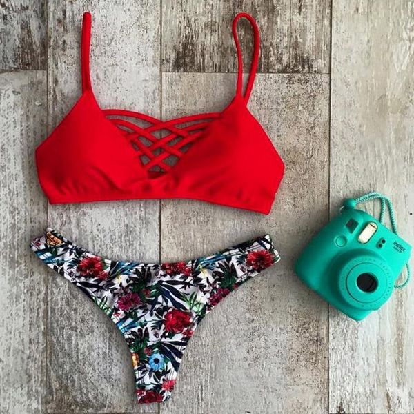 

2019 new bikinis women's retro printed three-point red yellow blue