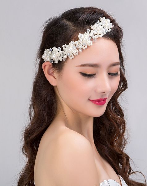 

us warehouse headdress crystal handmade beaded bride pearl flower wedding headdress jewelry wedding dress hair accessories jewelry gift, Silver