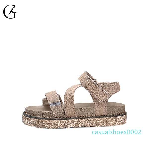 

goxeou women's sandals khaki suede roman thick sole comfortable casual beach shoes c02, Black