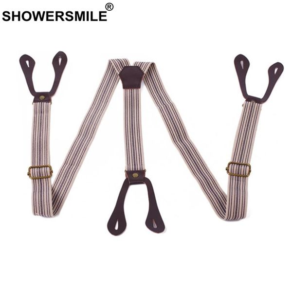 

showersmile button suspenders men braces striped coffee y back adjustable male female suspenders british vintage trousers strap, Black;white