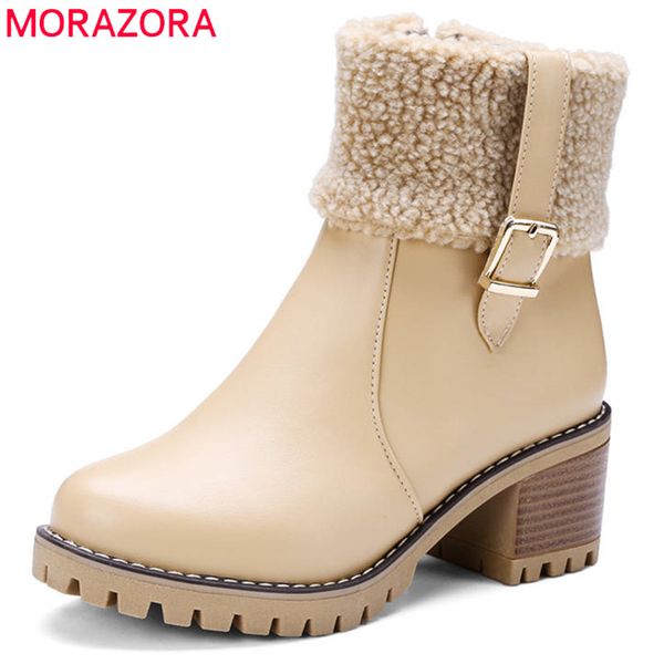 

morazora 2020 new fashion shoes woman round toe winter boots simple zipper platform ankle boots for women high heels shoes, Black