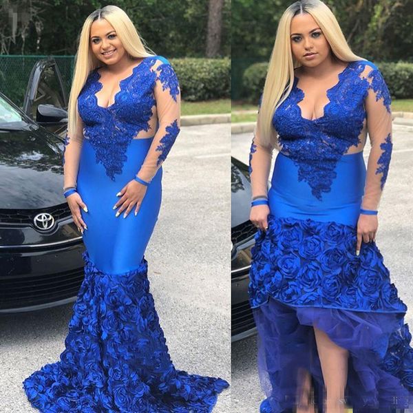 

Royal Blue Evening Dresses Plus Size 2019 Long Sleeves Lace Appliques See Through 3D Flowers Black Girl Mermaid Prom Dresses