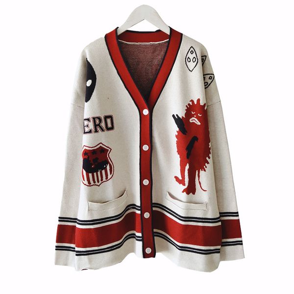 

2019 autumn new women sweater luxury women cardigan fashion women coat monster pattern embroidery cardigan sweater v-neck knit size s-l, White;black