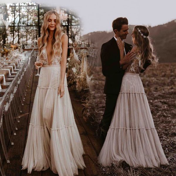 

богемия 2019 сексуальные свадебные платья глубокий v шеи кружева аппликация спинки свадебное платье свадебные платья тюль длинные линии robe, White