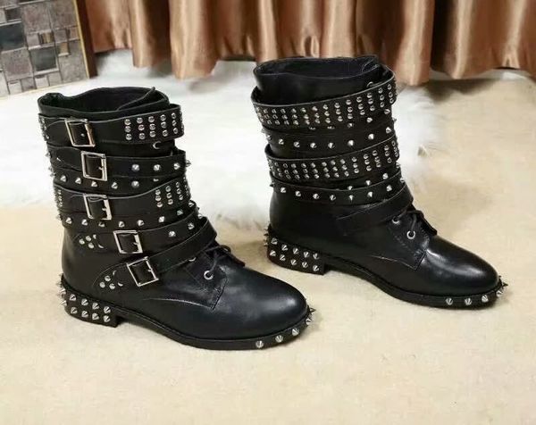 

women shoes winter boots 2019 designer buckle strap rivets studded lace-up ankle boots winter shoes woman motorcycle botas mujer, Black