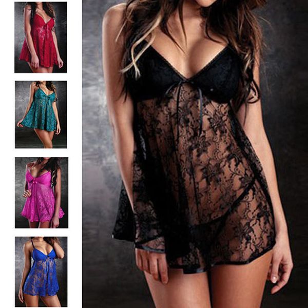 Plus Size XL 2XL XXXL Ver Através Lingerie Sexy Mulheres Lace Babydoll Vestido Sleepwear Underwear G-String Sheer Sleepwear Chemises