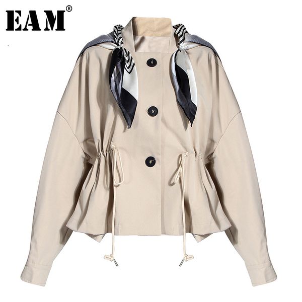 

eam] loose fit scarf drawstring big size short jacket new stand collar long sleeve women coat fashion autumn winter 2019 1h699, Black;brown