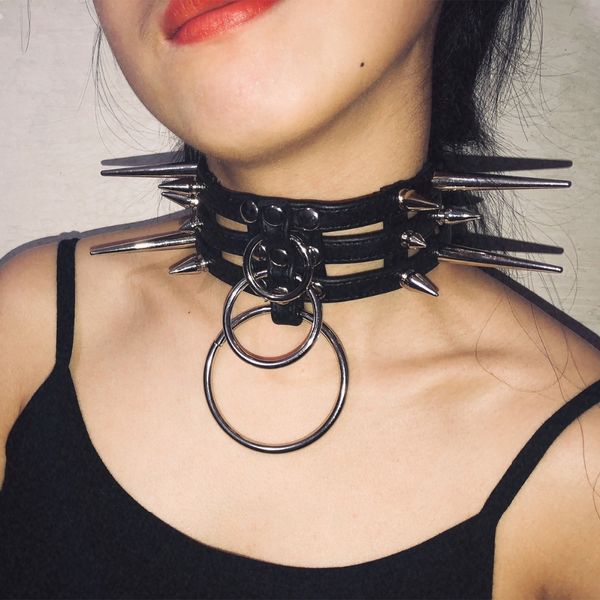 

women new fashion handmade leather choker belt punk goth collar harajuku necklace round club party torques, Silver