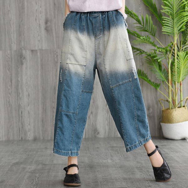 

fashion spliced panelled casual pants female streetwear loose washed high waist jeans woman elastic waist wide leg pants sweet, Blue
