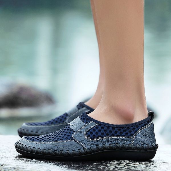 

новый летний мужской натуральная кожа повседневная обувь slip-on сетки дышащий открытый удобная мужская обувь мягкие кроссовки теннисная обу, Black