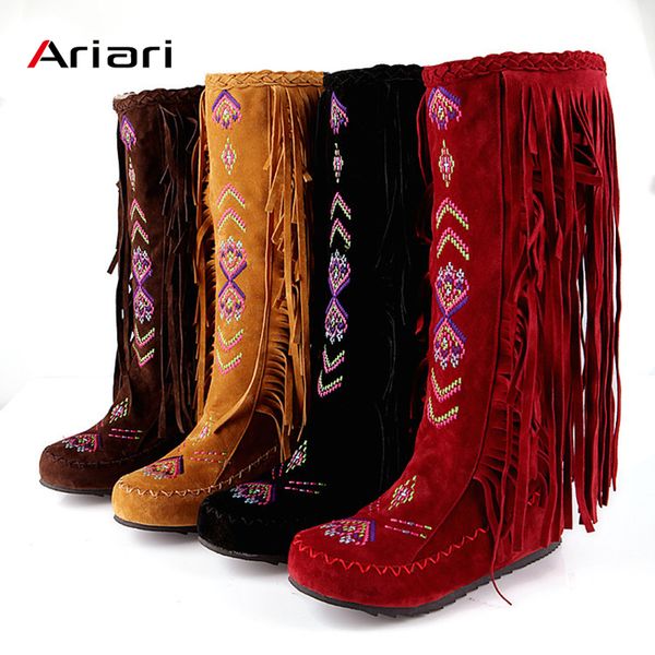 

ariari 2019 spring autumn women boot warm velvet lining flock leather fringe slip-on woman knee high boot women long, Black