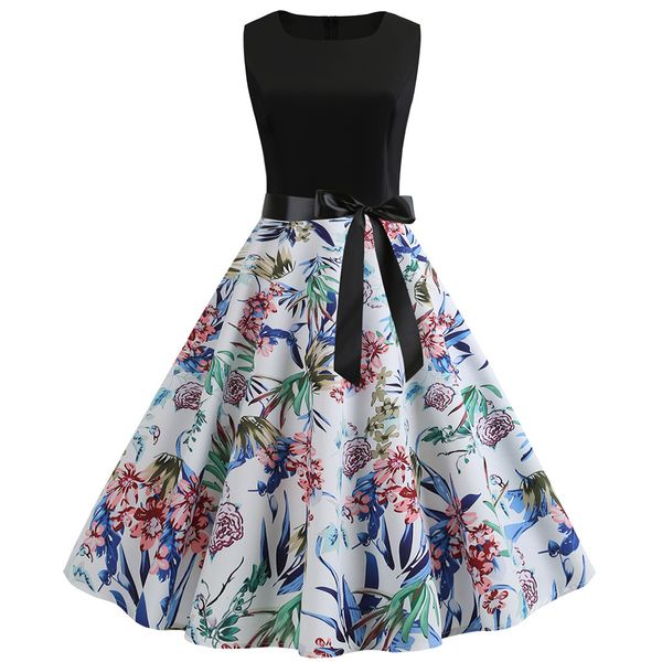

summer dress 2019 fashion women vintage 1950s retro sleeveless o neck print evening party prom swing dress vestidos robe femme, Black;gray