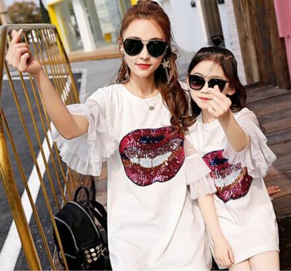 

mother daughter dresses matching mom and daughter clothes sequins ruffle sleeve family matching clothes mommy and me dress 2019, Blue