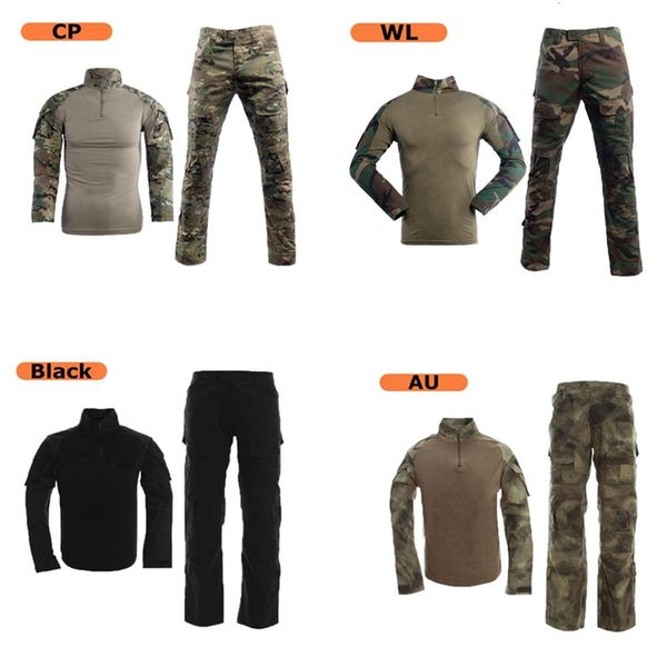 

combat clothes set tactical camouflage army combat cargo pants long sleeve t-shirts with knee&elbow pads, Camo