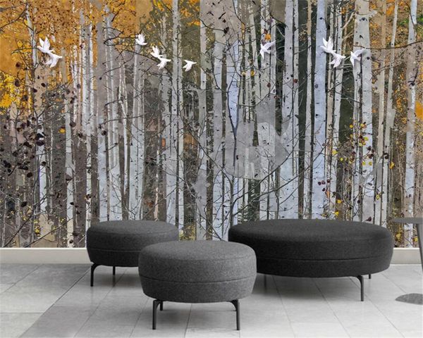 Beibehang 2018 Seidenstofftapete abstrakte handbemalte Birkenwald-TV-Sofa-Hintergrundwand Papel de Parede 3D-Tapete