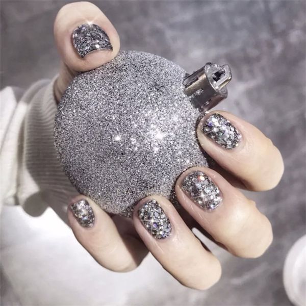 

24pcs/set ins dark silver sequins false nails dark black pre-design square head full cover nail tips fnished nail art, Red;gold