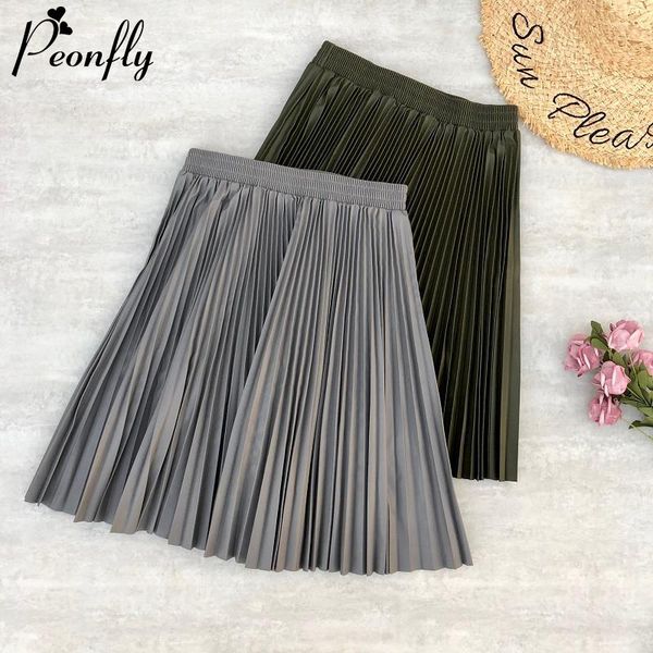 

peonfly high waist pleated skirts women fashion 2020 spring pu skirts ladies kawaii female korean harajuku faldas for women, Black