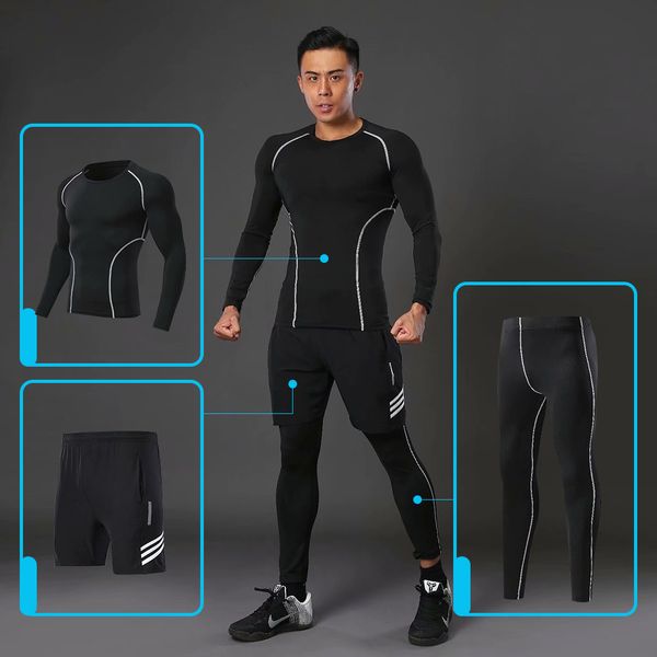 

3pcs / set workout male sport suit gym compression clothes fitness running jogging sport wear exercise workout tights, Black;blue