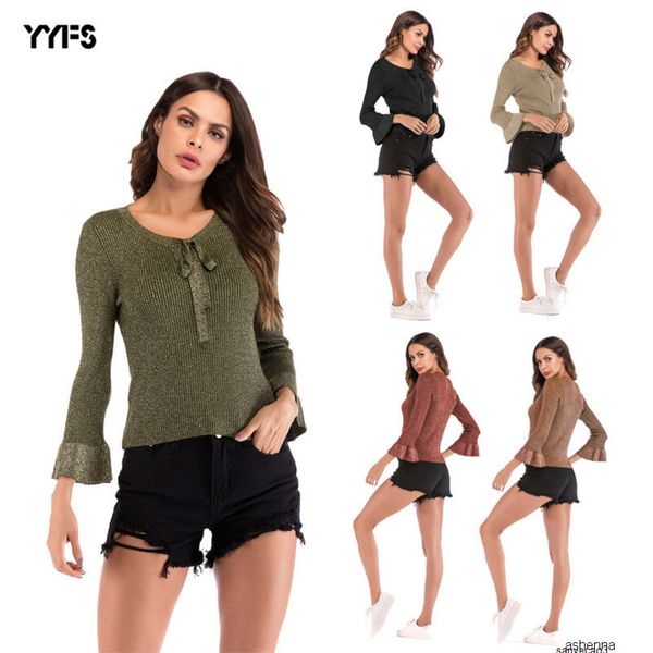 

womens designer sweater bow tie v-neck sweater trumpet sleeve bottoming shirt women1yagh, White;black