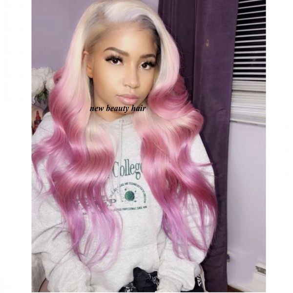 

New cosplay style blonde roots pink Brazilian Lace Front Wigs synthetic With Baby Hair Body Wave Pre Plucked ombre Lace Wig For Women, Ombre color like pictures show