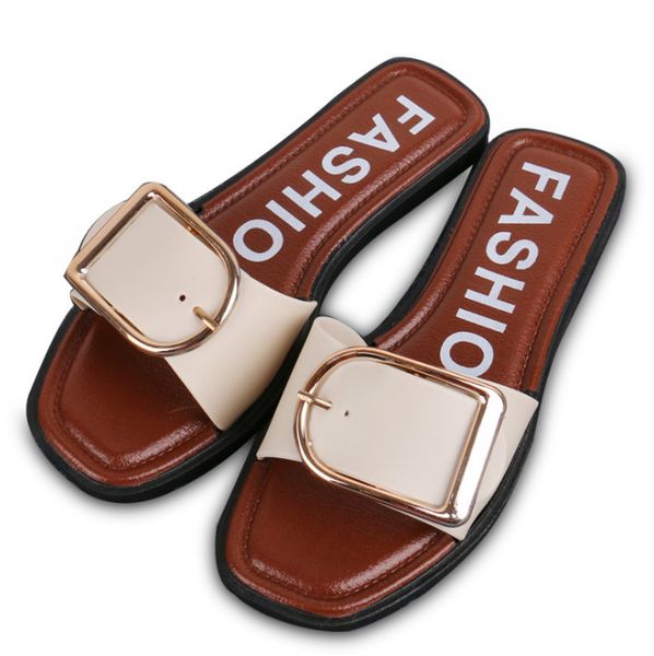 

mules shoes women metal buckle strap design slippers ladies square toe square heel a word flats platform shoes, Black