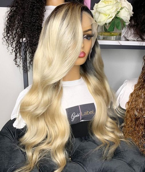 

dark root blonde body wave ombre # 1b / 613 человеческих волосы полных парики шнурка с ребенком шнурок волос парик фронта для черной женщины, Black;brown