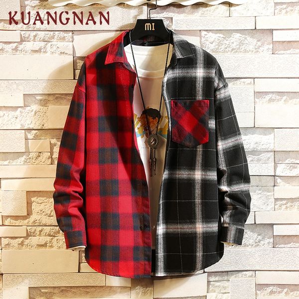 

kuangnan japan style red patchwork shirt men streetwear men shirts casual slim fit korean shirt long sleeve 2019 spring new, White;black