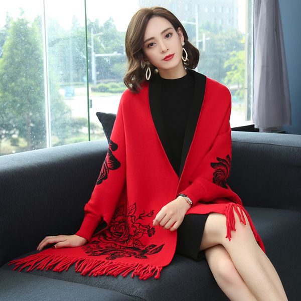 

shawl female outside spring autumn tassels with sleeves cloak cashmere thickening elegant long section autumn winter, White