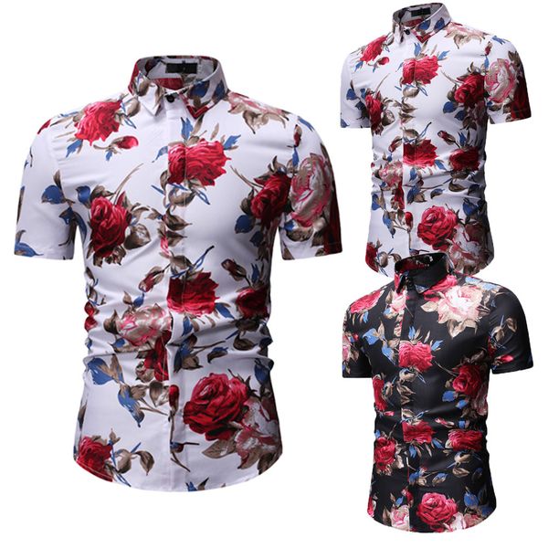 

fashion men's short sleeve shirt casual slim fit stylish dress shirts male summer floral print leisure shirts