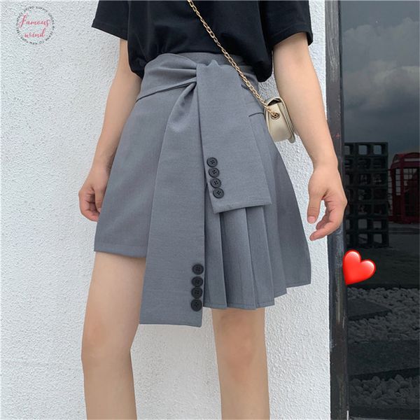 

slim irregular a line high waist korea 2019 summer solid casual pleated lace up mini grey plus size skirts, Black
