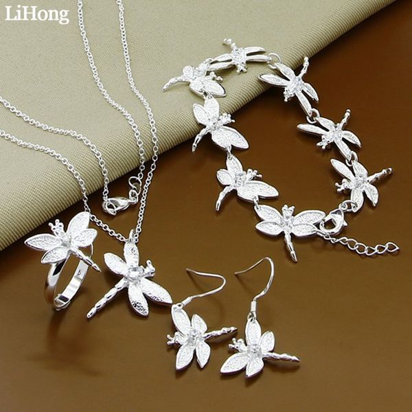 

silver 925 ladies jewelry dragonfly necklace bracelet earrings ring set of 4 jewelry set wedding decoration
