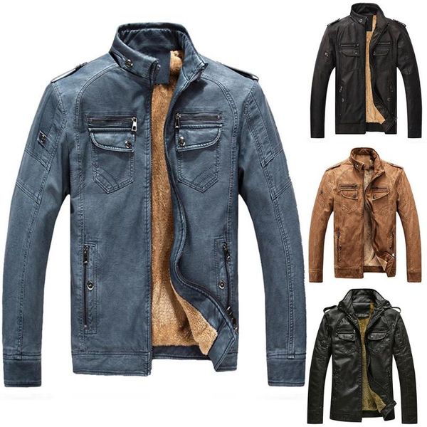 

men winter stand collar faux leather multi pockets zip fleece motorcycle jacket men's work jacket with zipper stand-up collar, Black;brown