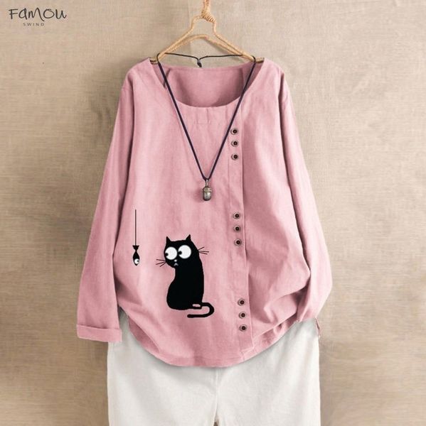 

us warehouse womens blouses long sleeve cotton linen floral kaftan ladies baggy cat print shirt blusaa mujer kimonos mujer moda 2020, White