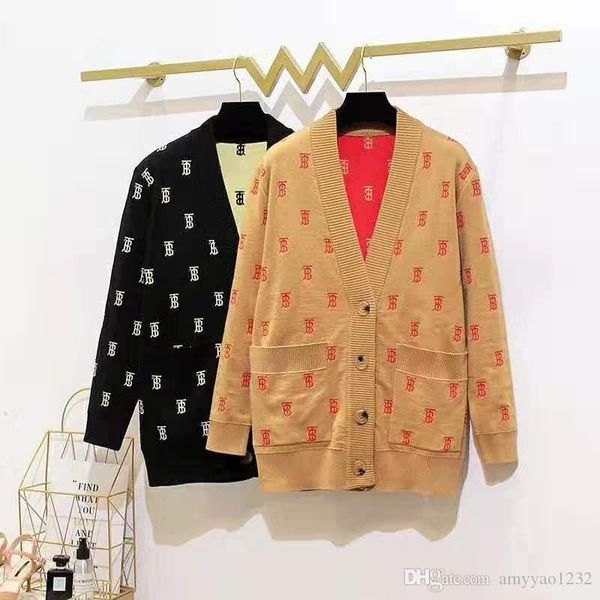 

921 2019 autumn v neck button long sleeve letter black khaki cardigan fashion prom women's sweater luxuy sweater qian, White