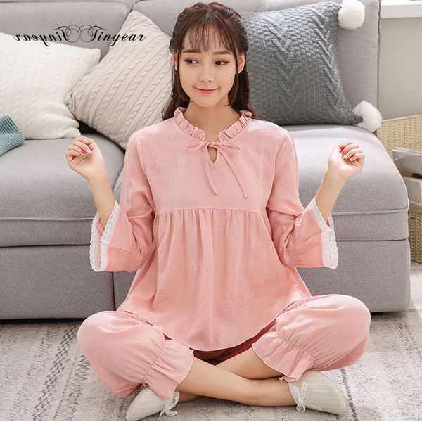 

tinyear женских наборов пижамы длинных рукавов хлопок шея хлопок сексуальных пижамы спальных костюм девушка pijama костюмы l-xxl, Blue;gray