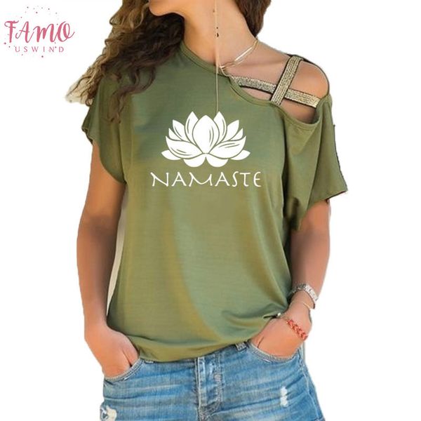 

fashion women clothing namaste print tee t shirt women short sleeve female clothing stand collar irregular skew cross bandage t, White