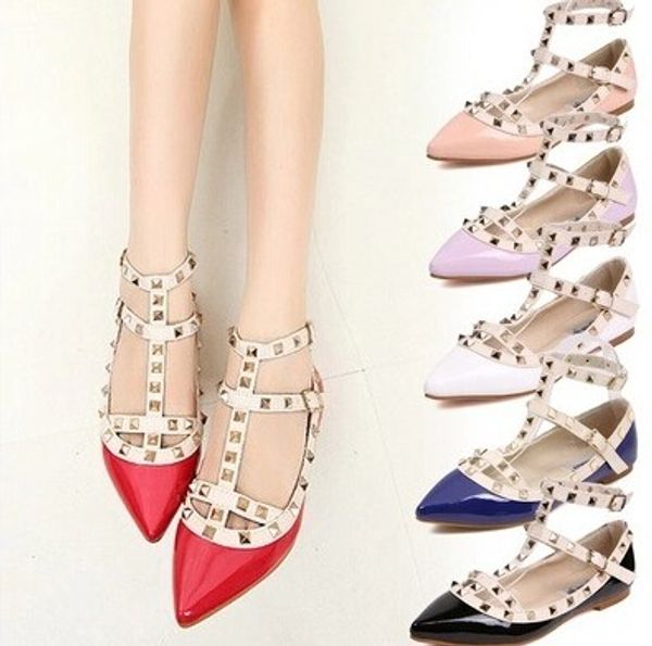 

big size designer gladiator women flat shoes spikespump patent pu leather stud lady shoes eu43, Black