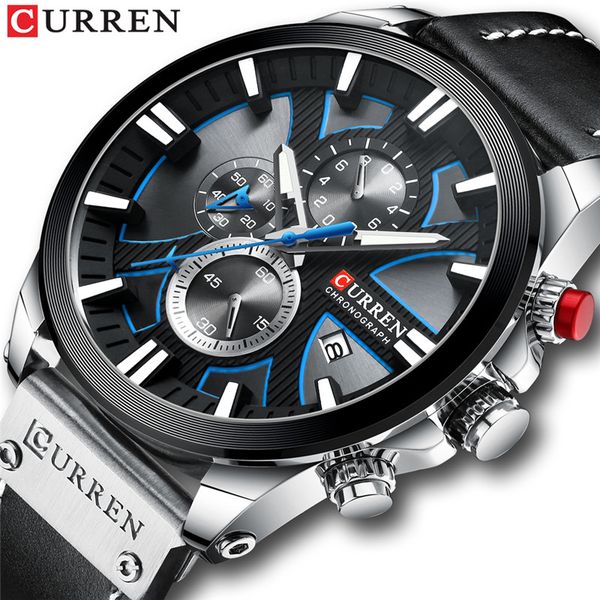 

curren 8346 watch chronograph sport mens watches quartz clock leather male wristwatch relogio masculino fashion gift for men, Slivery;brown