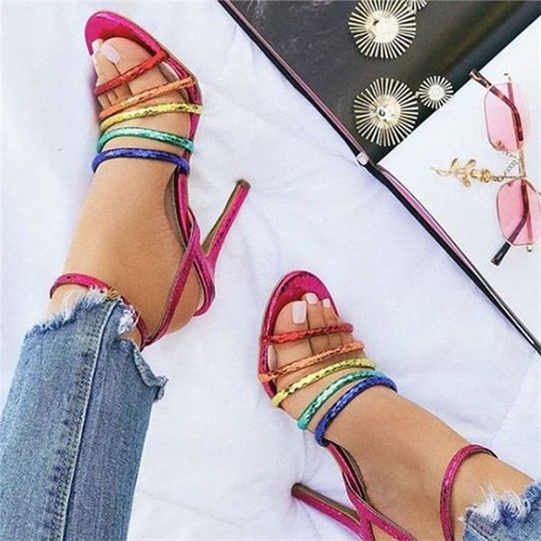 Beautiful Rainbow Colorful Summer Peep Toe Sweet Fashion Beautiful Female Legs In Strappy High Heels Shoes In Wedge